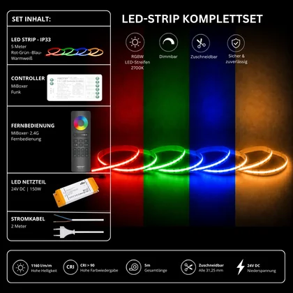 LED Streifen Set RGBW – COB LED Streifen 24V, punktfrei, 20 W/m, 5m, RGB + Warmweiß 2700K, CRI 90, IP33 – SS150 Netzteil, SR5 Funk-Controller & C5 Fernbedienung Schwarz
