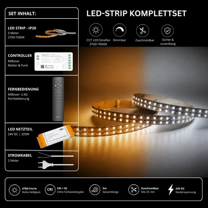 LED Streifen Set CCT High Power – 12 mm CCT LED Streifen 24V, 40 W/m, 4700 lm/m, 5m, 2700K-7000K, CRI 92 – SNP-320 Netzteil, SM2 Matter Controller & C1 Fernbedienung Schwarz