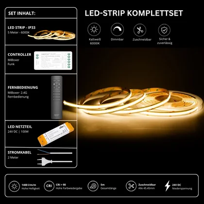 LED Streifen Set Kaltweiß – COB LED Streifen 24V, punktfrei, 14 W/m, 5m, 6000K, CRI 90, IP33 – SS100 Netzteil, SR2 Funk-Controller & C1 Fernbedienung Schwarz