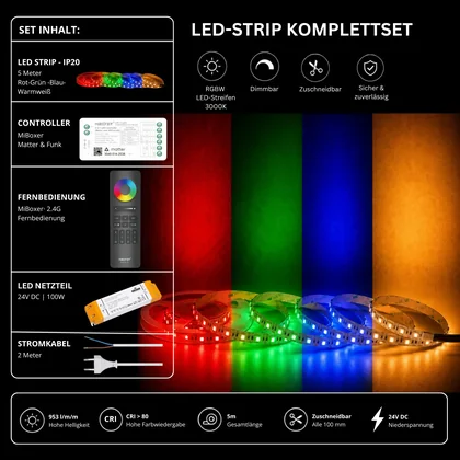 LED Streifen Set RGBW – SMD LED Streifen 24V, 60 LEDs/m, 4-in-1, 18 W/m, 953 lm/m, 5m, RGB + Warmweiß 3000K, CRI 80 – SS100 Netzteil, SM5 Matter Controller & C5 Fernbedienung Schwarz
