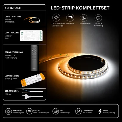LED Streifen Set CCT IP65 – SMD LED Streifen 24V, 16 W/m, 2200 lm/m, 5m, 2700-6500K – SS100 Netzteil, SR2 Funk-Controller & C1 Fernbedienung Schwarz