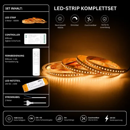 LED Streifen Set Neutralweiß 4000K – SMD LED Streifen 24V, 9 W/m, 1640 lm/m, 5m – SS60 Netzteil, SZ2 Zigbee 3.0 Controller & C1 Fernbedienung Weiß