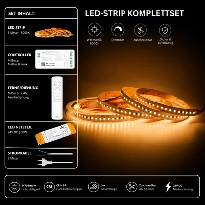 LED Streifen Set Warmweiß 3000K – SMD LED Streifen 24V, 9 W/m, 1500 lm/m, 5m – SS60 Netzteil, SM2 Matter Controller & C1 Fernbedienung Weiß