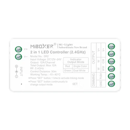 MiBoxer SR2 2-in-1 LED Controller – für einfarbige & CCT LED Streifen, 2,4 GHz Funk, 12–24 V, 12 A