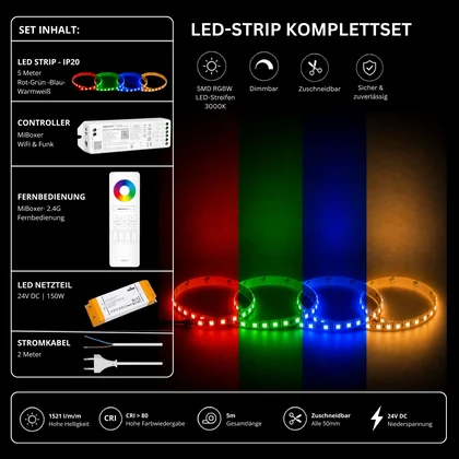 LED Streifen Set RGBW – SMD LED Streifen 24V, 4-in-1, 19,2 W/m, 5m, RGB + Warmweiß 3000K – SS150 Netzteil, WL5 WiFi Controller & C5 Fernbedienung Weiß