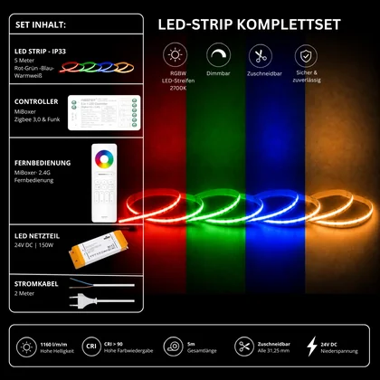 LED Streifen Set RGBW – COB LED Streifen 24V, punktfrei, 20 W/m, 5m, RGB + Warmweiß 2700K, CRI 90, IP33 – SS150 Netzteil, SZ5 Zigbee 3.0 Controller & C5 Fernbedienung Weiß