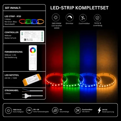 LED Streifen Set RGBW – SMD LED Streifen 24V, 4-in-1, 19,2 W/m, 5m, RGB + Neutralweiß 4200K – SS150 Netzteil, SM5 Matter Controller & C5 Fernbedienung Weiß