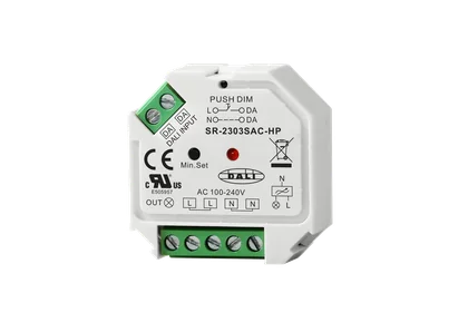 SR-2303SAC-HP DALI Phasenabschnitt Mini Dimmer, 1-Kanal, 100-240V AC, 400W, DALI-2 DT6, Push DIM, Unterputz
