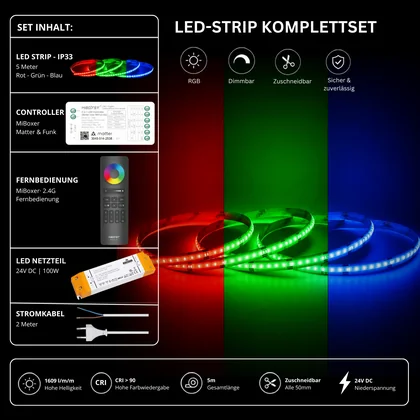 LED Streifen Set RGB IP33 – COB LED Streifen 24V, 14 W/m, 5m, punktfrei – SS100 Netzteil, SM5 Matter Controller & C5 Fernbedienung Schwarz