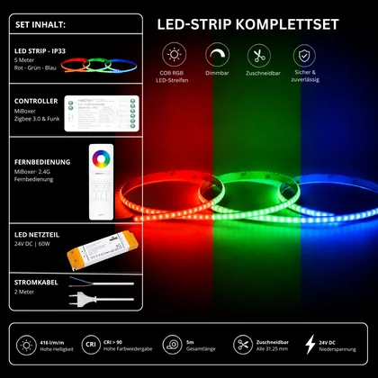 LED Streifen Set RGB Ultraschmal – COB LED Streifen 24V, 5 mm, 10 W/m, 5m, punktfrei – SS60 Netzteil, SZ5 Zigbee 3.0 Controller & C5 Fernbedienung Weiß