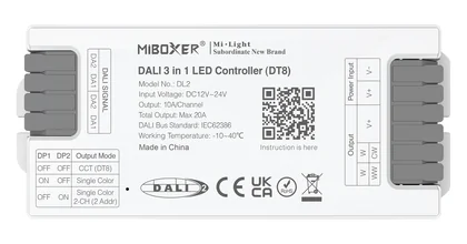 MiBoxer DL2 DALI 3-in-1 LED Controller DT8 – einfarbig & CCT, 12-24 V, 10 A/Kanal, max. 20 A