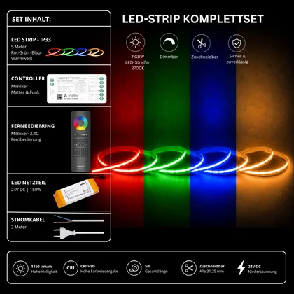 LED Streifen Set RGBW – COB LED Streifen 24V, punktfrei, 20 W/m, 5m, RGB + Warmweiß 2700K, CRI 90, IP33 – SS150 Netzteil, SM5 Matter Controller & C5 Fernbedienung Schwarz