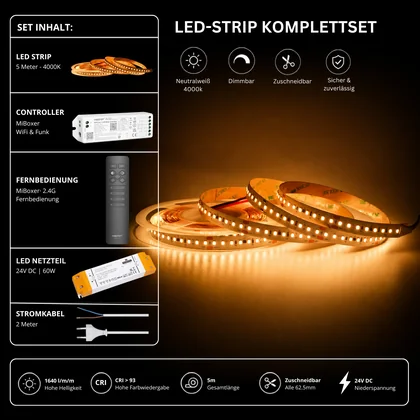 LED Streifen Set Neutralweiß 4000K – SMD LED Streifen 24V, 9 W/m, 1640 lm/m, 5m – SS60 Netzteil, WL5 WiFi Controller & C1 Fernbedienung Schwarz