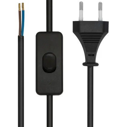 Netzkabel mit Eurostecker und Schalter – 2m, H03 VVH2-F 2×0,75mm², schwarz