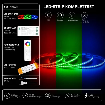 LED Streifen Set RGB IP33 – COB LED Streifen 24V, 14 W/m, 5m, punktfrei – SS100 Netzteil, SZ5 Zigbee 3.0 Controller & C5 Fernbedienung Weiß