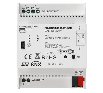 SR-KN9100-DA2 KNX DALI Gateway 2-Kanal, 2x 64 Adressen, integriertes Bus-Netzteil, HCL-fähig