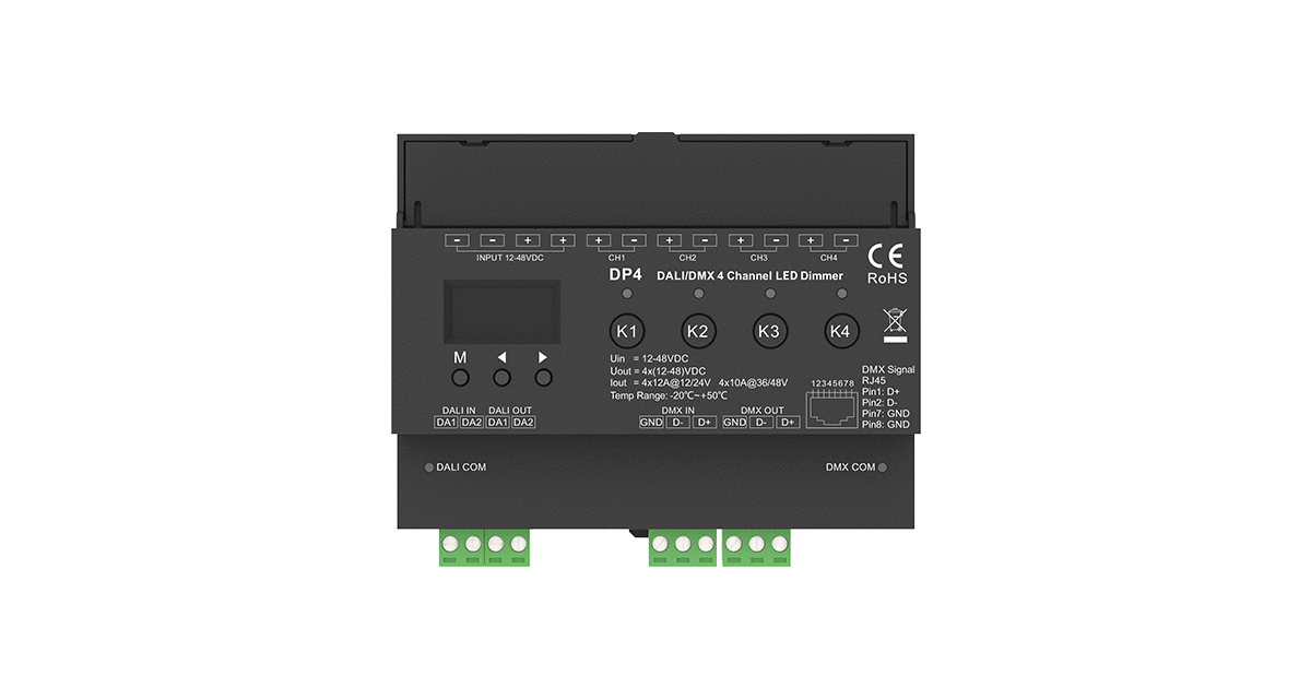 DP4 LED-Dimmer 4-Kanal – DALI & DMX Steuerung, 4x12A, 12–48 V DC, Konstantspannung für Hutschiene DP4 LED-Dimmer 4-Kanal – DALI & DMX Steuerung, 4x12A, 12–48 V DC, Konstantspannung für Hutschiene