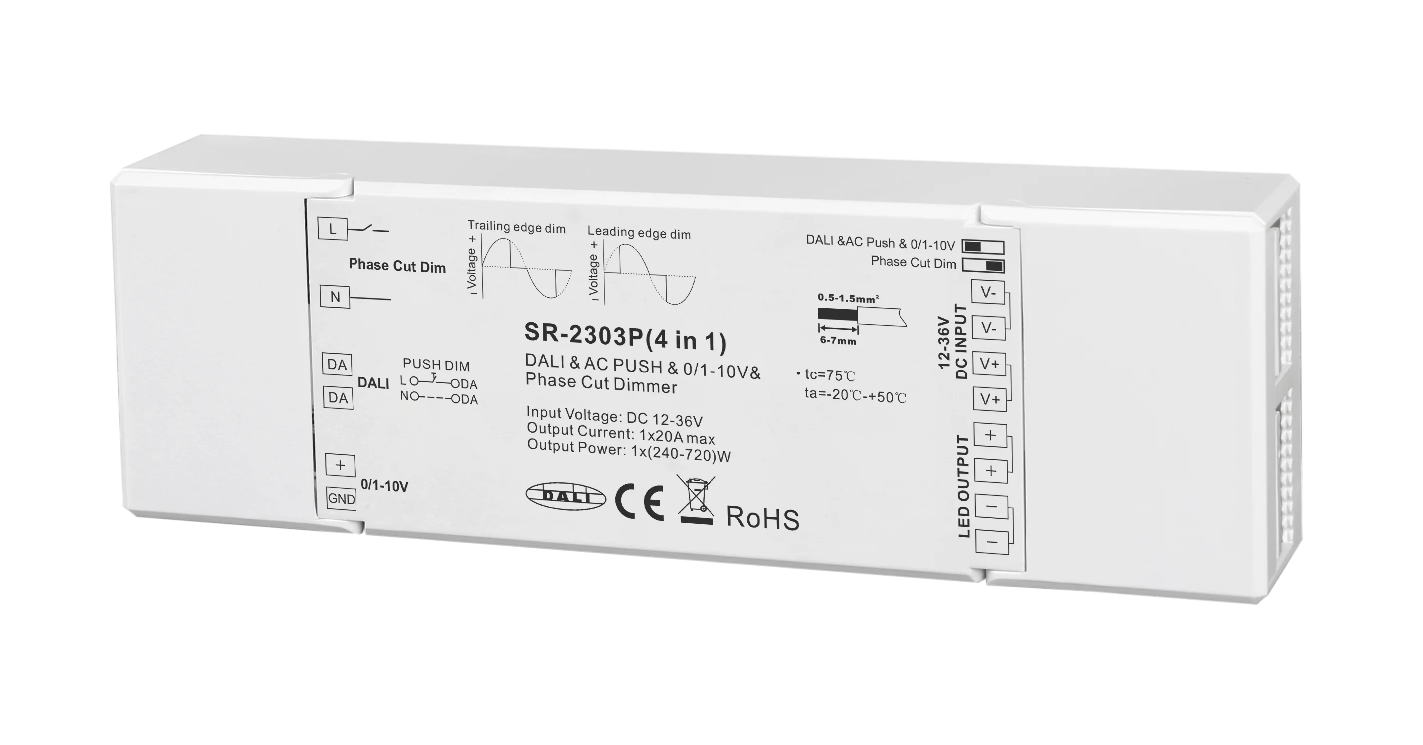 SR-2303P 4-in-1 LED Dimmer, 1-Kanal, 12-48V DC, 20A, DALI DT6, Push DIM, Phasenschnitt & 0/1-10V SR-2303P 4-in-1 LED Dimmer, 1-Kanal, 12-48V DC, 20A, DALI DT6, Push DIM, Phasenschnitt & 0/1-10V
