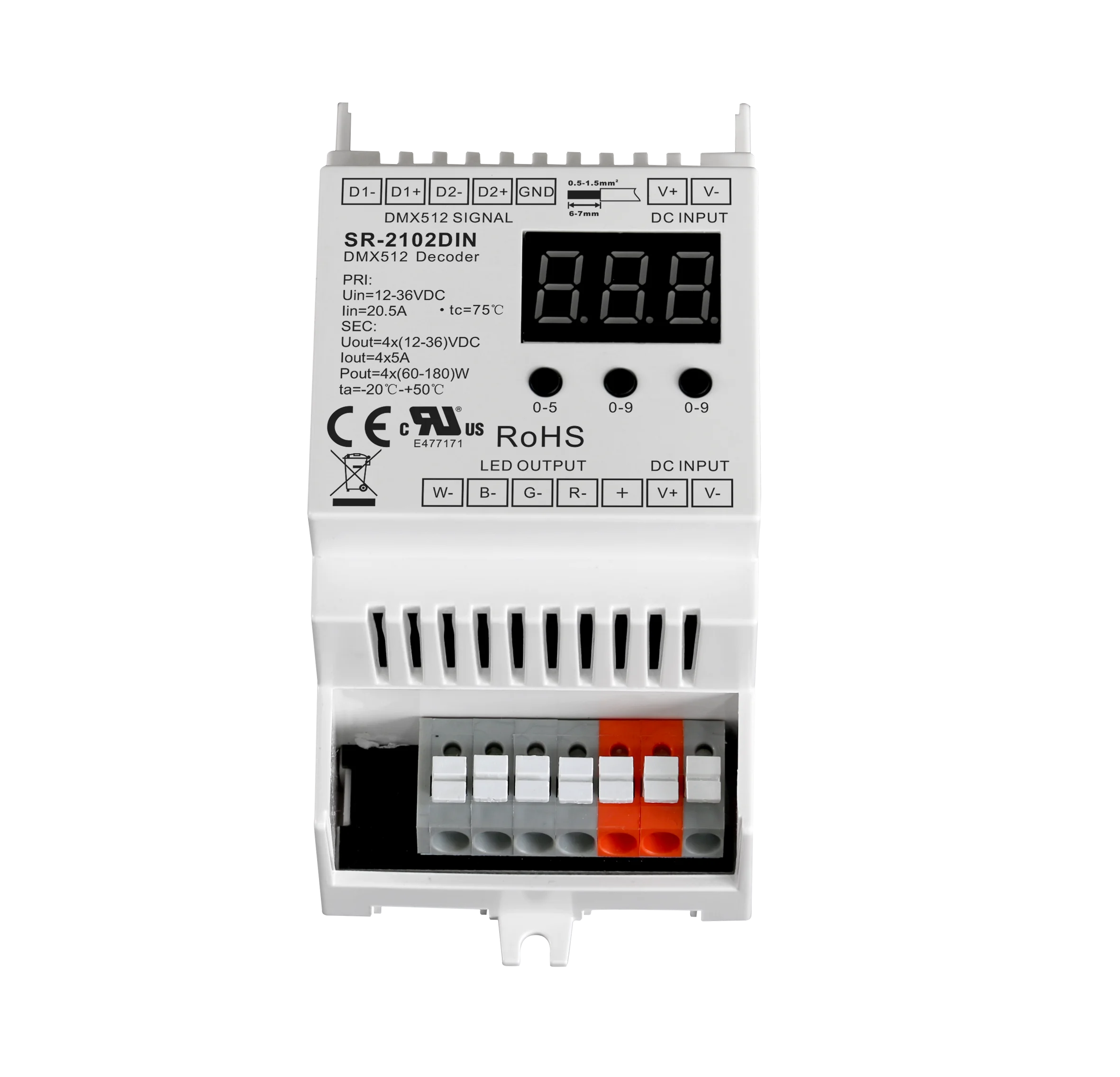 SR-2102DIN DMX512 & RDM Hutschienen Decoder 4-Kanal 5A pro Kanal 12-48V DC für RGBW LED Streifen SR-2102DIN DMX512 & RDM Hutschienen Decoder 4-Kanal 5A pro Kanal 12-48V DC für RGBW LED Streifen