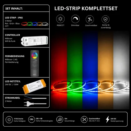 LED Streifen Set RGBCCT IP65 – COB LED Streifen 24V, 21 W/m, 5m, punktfrei – SS150 Netzteil, WL5 WiFi Controller & C5 Fernbedienung Schwarz