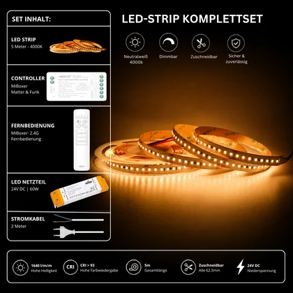LED Streifen Set Neutralweiß 4000K – SMD LED Streifen 24V, 9 W/m, 1640 lm/m, 5m – SS60 Netzteil, SM2 Matter Controller & C1 Fernbedienung Weiß