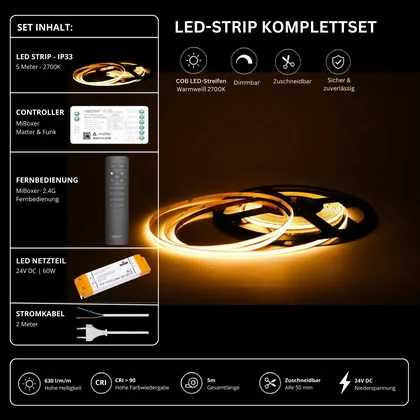 LED Streifen Set Einfarbig COB Schmal – 5 mm COB LED Streifen 24V, punktfrei, 7 W/m, 5m, Warmweiß 2700K, CRI 90 – SS60 Netzteil, SM2 Matter Controller & C1 Fernbedienung Schwarz