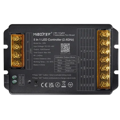 MiBoxer HR5 5-in-1 LED Controller – einfarbig, CCT, RGB, RGBW & RGBCCT, 2,4 GHz Funk, 12–48 V, 30 A, 15 A pro Kanal