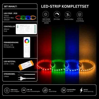 LED Streifen Set RGBW – SMD LED Streifen 24V, 4-in-1, 19,2 W/m, 5m, RGB + Kaltweiß 6500K – SS150 Netzteil, SR5 Funk-Controller & C5 Fernbedienung Weiß