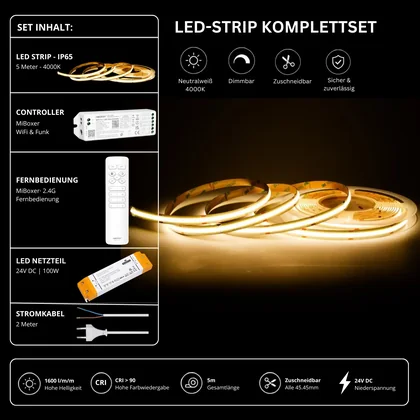 LED Streifen Set Neutralweiß – COB LED Streifen 24V, punktfrei, 14 W/m, 5m, 4000K, CRI 90, IP65 – SS100 Netzteil, WL5 WiFi Controller & C1 Fernbedienung Weiß
