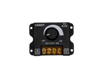LED Dimmer 12V 24V DC – 1-Kanal Drehdimmer bis 30 A, Konstantspannung für leistungsstarke LED-Streifen