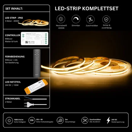 LED Streifen Set Neutralweiß – COB LED Streifen 24V, punktfrei, 14 W/m, 5m, 4000K, CRI 90, IP65 – SS100 Netzteil, SM2 Matter Controller & C1 Fernbedienung Schwarz