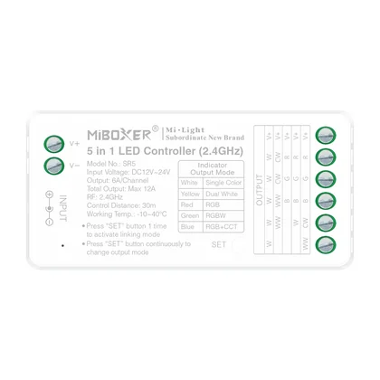 MiBoxer SR5 5-in-1 LED Controller – für einfarbige, CCT, RGB, RGBW & RGBCCT LED Streifen, 2,4 GHz Funk, 12–24 V, 12 A