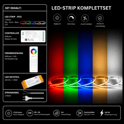 LED Streifen Set RGBCCT IP33 – COB LED Streifen 24V, 21 W/m, 5m, punktfrei – SS150 Netzteil, SM5 Matter Controller & C5 Fernbedienung Weiß