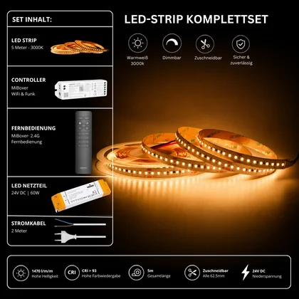 LED Streifen Set Warmweiß 3000K – SMD LED Streifen 24V, 9 W/m, 1500 lm/m, 5m – SS60 Netzteil, WL5 WiFi Controller & C1 Fernbedienung Schwarz