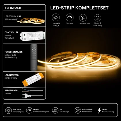 LED Streifen Set Kaltweiß – COB LED Streifen 24V, punktfrei, 14 W/m, 5m, 6000K, CRI 90, IP33 – SS100 Netzteil, WL5 WiFi Controller & C1 Fernbedienung Schwarz