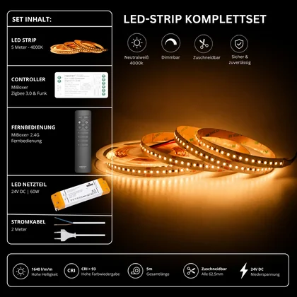 LED Streifen Set Neutralweiß 4000K – SMD LED Streifen 24V, 9 W/m, 1640 lm/m, 5m – SS60 Netzteil, SZ2 Zigbee 3.0 Controller & C1 Fernbedienung Schwarz