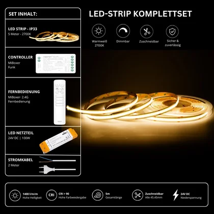 LED Streifen Set Warmweiß – COB LED Streifen 24V, punktfrei, 14 W/m, 5m, 2700K, CRI 90, IP33 – SS100 Netzteil, SR2 Funk-Controller & C1 Fernbedienung Weiß