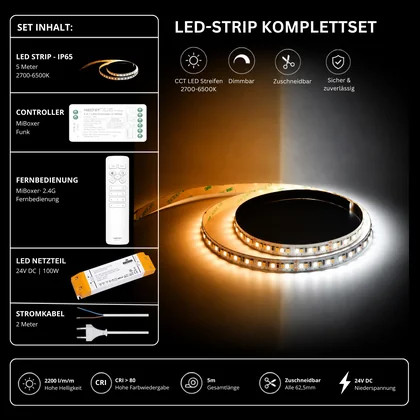 LED Streifen Set CCT IP65 – SMD LED Streifen 24V, 16 W/m, 2200 lm/m, 5m, 2700-6500K – SS100 Netzteil, SR2 Funk-Controller & C1 Fernbedienung Weiß