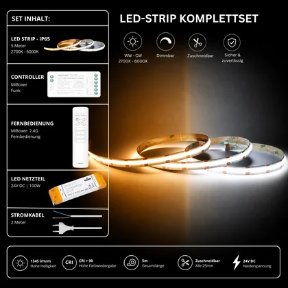 LED Streifen Set CCT IP65 – COB LED Streifen 24V, 16 W/m, 1345 lm/m, 5m, 2700-6000K – SS100 Netzteil, SR2 Funk-Controller & C1 Fernbedienung Weiß