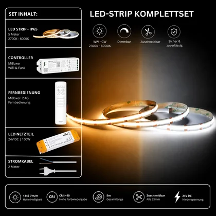LED Streifen Set CCT IP65 – COB LED Streifen 24V, 16 W/m, 1345 lm/m, 5m, 2700-6000K – SS100 Netzteil, WL5 WiFi Controller & C1 Fernbedienung Weiß