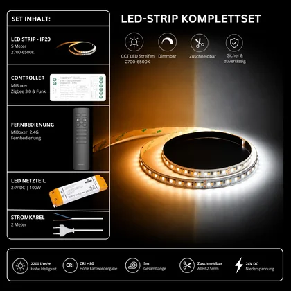 LED Streifen Set CCT IP20 – SMD LED Streifen 24V, 16 W/m, 2200 lm/m, 5m, 2700-6500K – SS100 Netzteil, SZ2 Zigbee 3.0 Controller & C1 Fernbedienung Schwarz