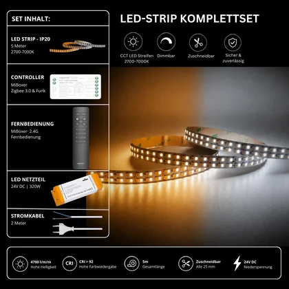 LED Streifen Set CCT High Power – 12 mm CCT LED Streifen 24V, 40 W/m, 4700 lm/m, 5m, 2700K-7000K, CRI 92 – SNP-320 Netzteil, SZ2 Zigbee 3.0 Controller & C1 Fernbedienung Schwarz