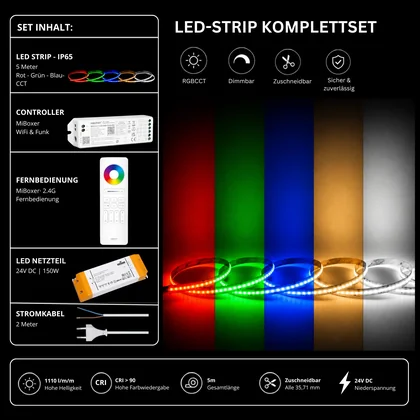 LED Streifen Set RGBCCT IP65 – COB LED Streifen 24V, 21 W/m, 5m, punktfrei – SS150 Netzteil, WL5 WiFi Controller & C5 Fernbedienung Weiß