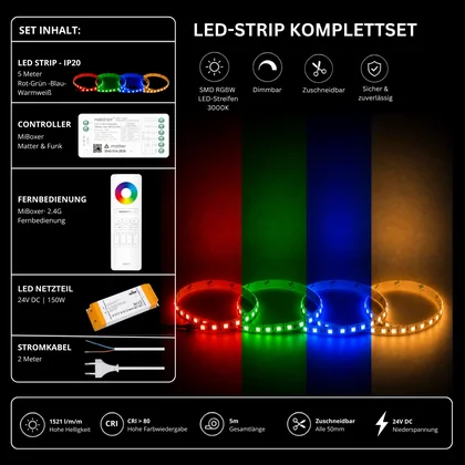 LED Streifen Set RGBW – SMD LED Streifen 24V, 4-in-1, 19,2 W/m, 5m, RGB + Warmweiß 3000K – SS150 Netzteil, SM5 Matter Controller & C5 Fernbedienung Weiß