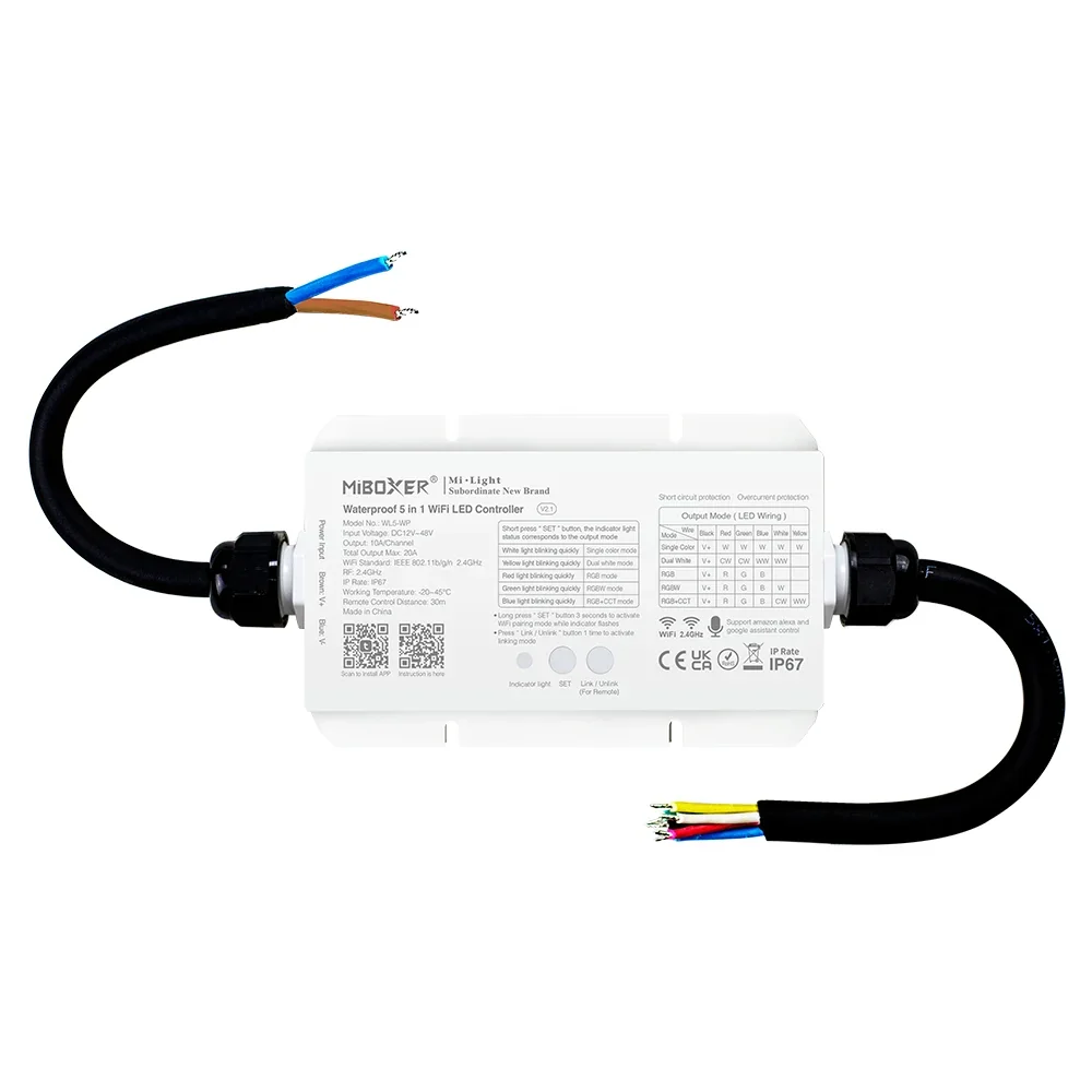 MiBoxer WL5-WP WiFi & 2.4G Funk LED Controller – 5-in-1, einfarbig bis RGBCCT, 12-48 V, 20 A, IP67 wasserdicht MiBoxer WL5-WP WiFi & 2.4G Funk LED Controller – 5-in-1, einfarbig bis RGBCCT, 12-48 V, 20 A, IP67 wasserdicht
