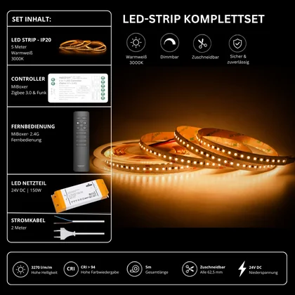 LED Streifen Set High Power Warmweiß 3000K – SMD LED Streifen 24V, 22 W/m, 3270 lm/m, 5m – SS150 Netzteil, SZ2 Zigbee 3.0 Controller & C1 Fernbedienung Schwarz