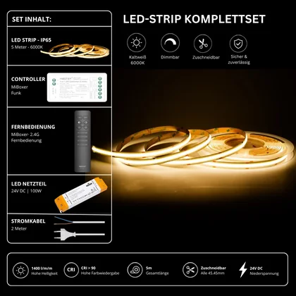 LED Streifen Set Kaltweiß – COB LED Streifen 24V, punktfrei, 14 W/m, 5m, 6000K, CRI 90, IP65 – SS100 Netzteil, SR2 Funk-Controller & C1 Fernbedienung Schwarz