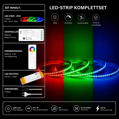 LED Streifen Set RGB IP33 – COB LED Streifen 24V, 14 W/m, 5m, punktfrei – SS100 Netzteil, SM5 Matter Controller & C5 Fernbedienung Weiß