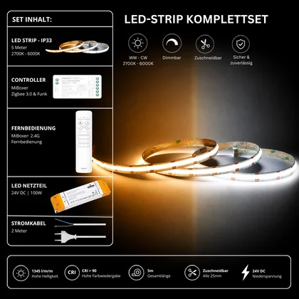 LED Streifen Set CCT IP33 – COB LED Streifen 24V, 16 W/m, 1345 lm/m, 5m, 2700-6000K – SS100 Netzteil, SZ2 Zigbee 3.0 Controller & C1 Fernbedienung Weiß