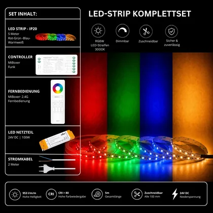 LED Streifen Set RGBW – SMD LED Streifen 24V, 60 LEDs/m, 4-in-1, 18 W/m, 953 lm/m, 5m, RGB + Warmweiß 3000K, CRI 80 – SS100 Netzteil, SR5 Funk-Controller & C5 Fernbedienung Weiß